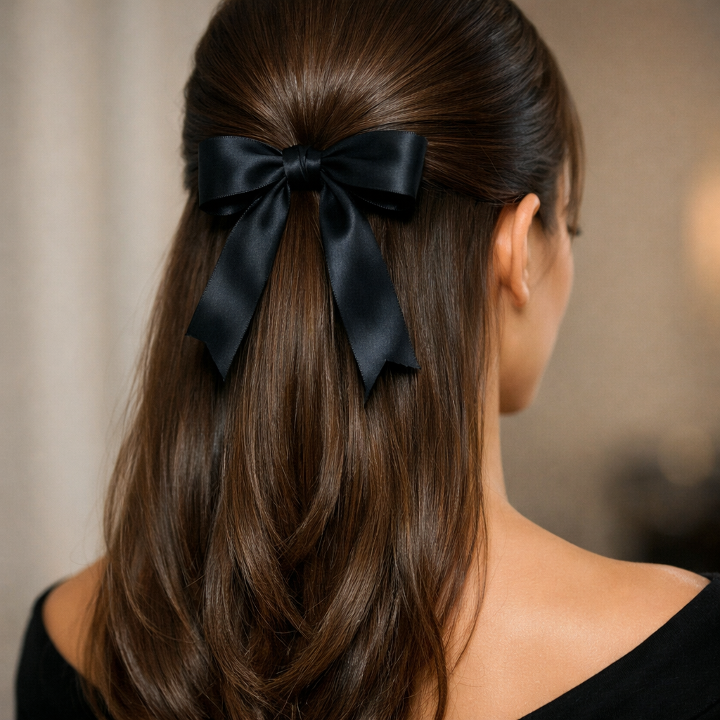 A classic half up ponytail secured with a black bow, displaying long and sleek hair.