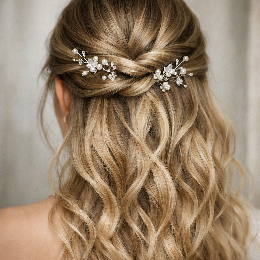 A close-up view of an elegant twisted half updo with floral hair accessories and loose waves.