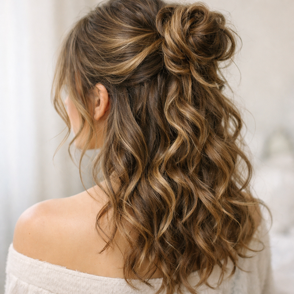 A woman with a messy half up bun and curls, showcasing a relaxed yet elegant hairstyle.