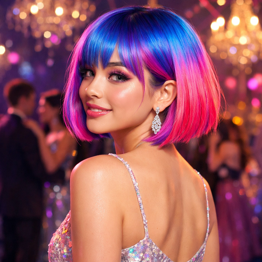 Prom hairstyle featuring a vibrant blue and pink short bob with sequined dress