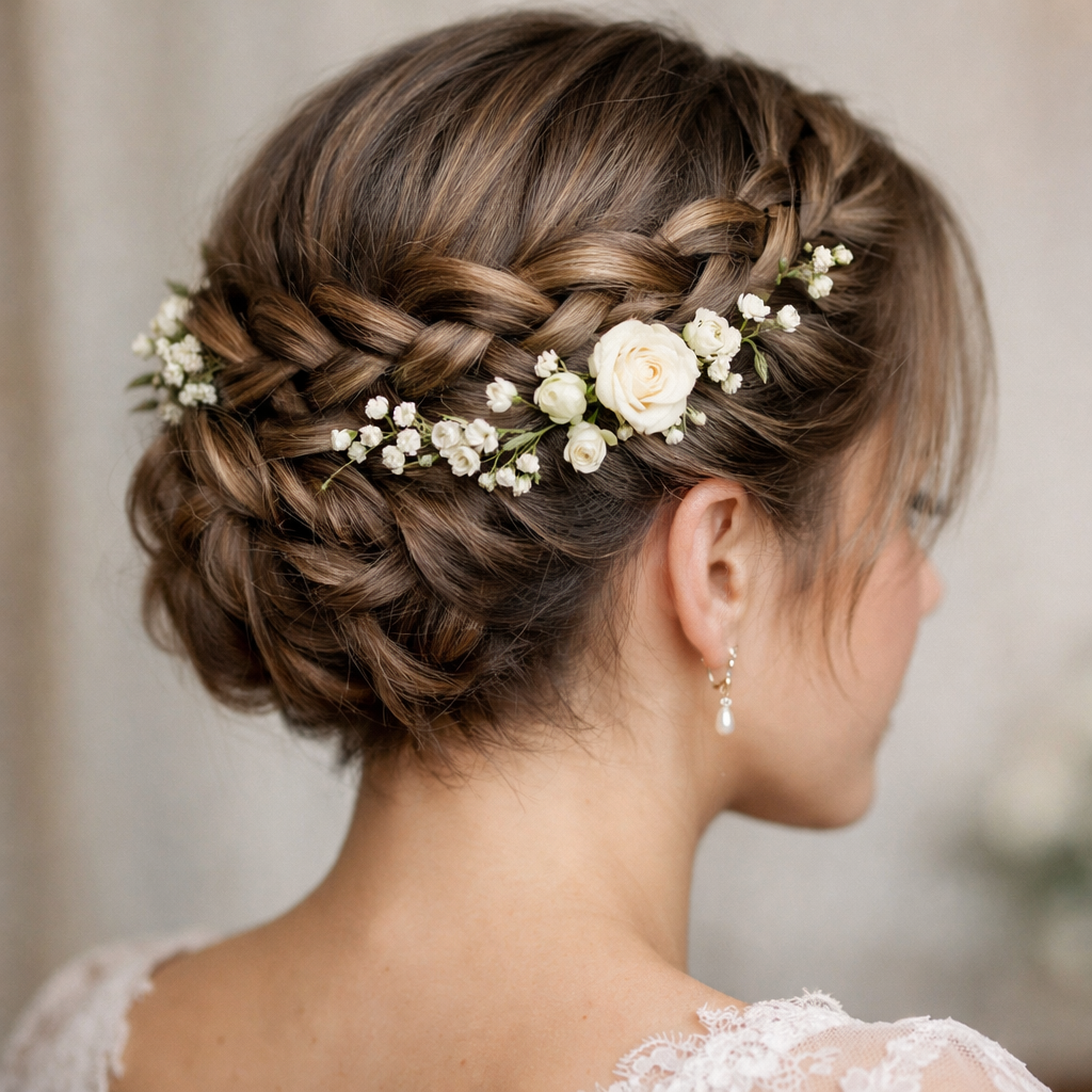 A chic braided crown hairstyle featuring flowers and elegant details.
