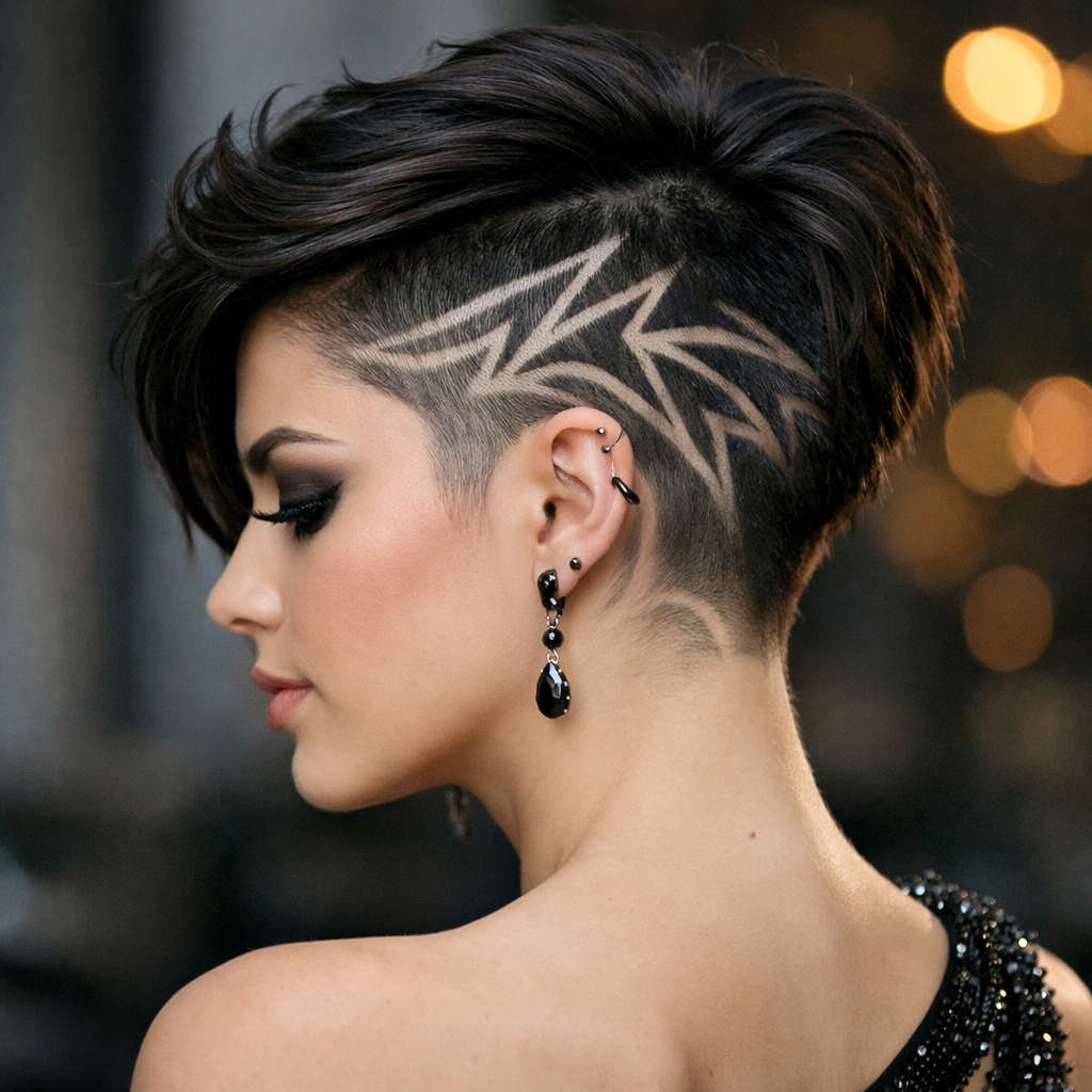 Young woman with an edgy undercut hairstyle featuring a geometric design, styled with volume on top
