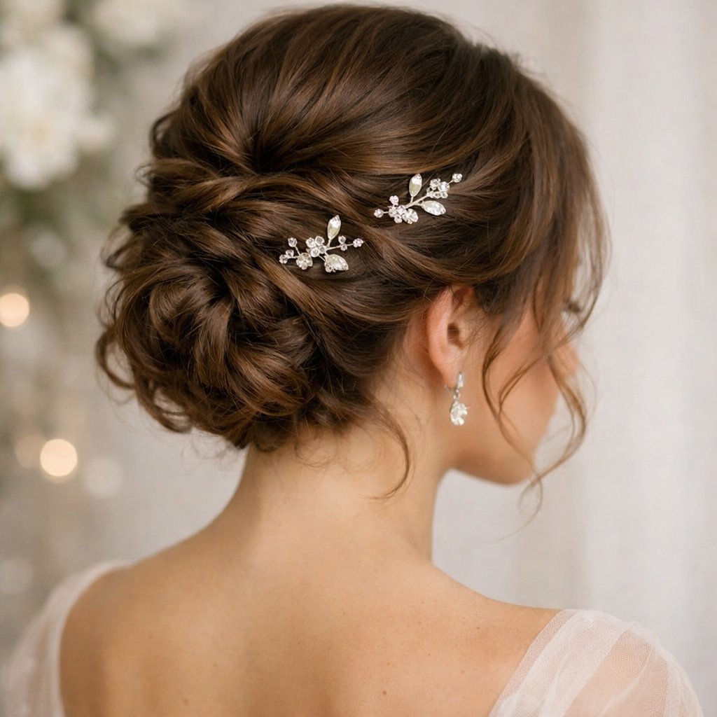 Elegant Twisted Updo hairstyle with floral hairpins, showcasing a polished and romantic look suitable for prom.