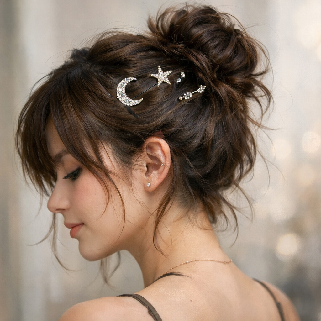A woman with a playful messy bun hairstyle decorated with sparkly clips.