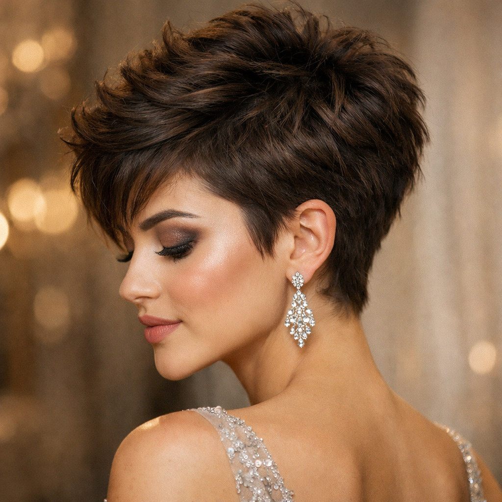 A stylish textured pixie hairstyle with volume, perfect for a prom look.