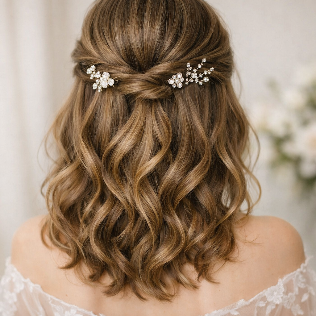 Elegant half-up twist hairstyle with loose waves and floral hair accessories on medium length hair.