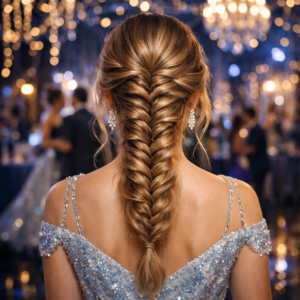 A glamorous fishtail braid worn by a young woman, showcasing medium-length hair at a prom event.