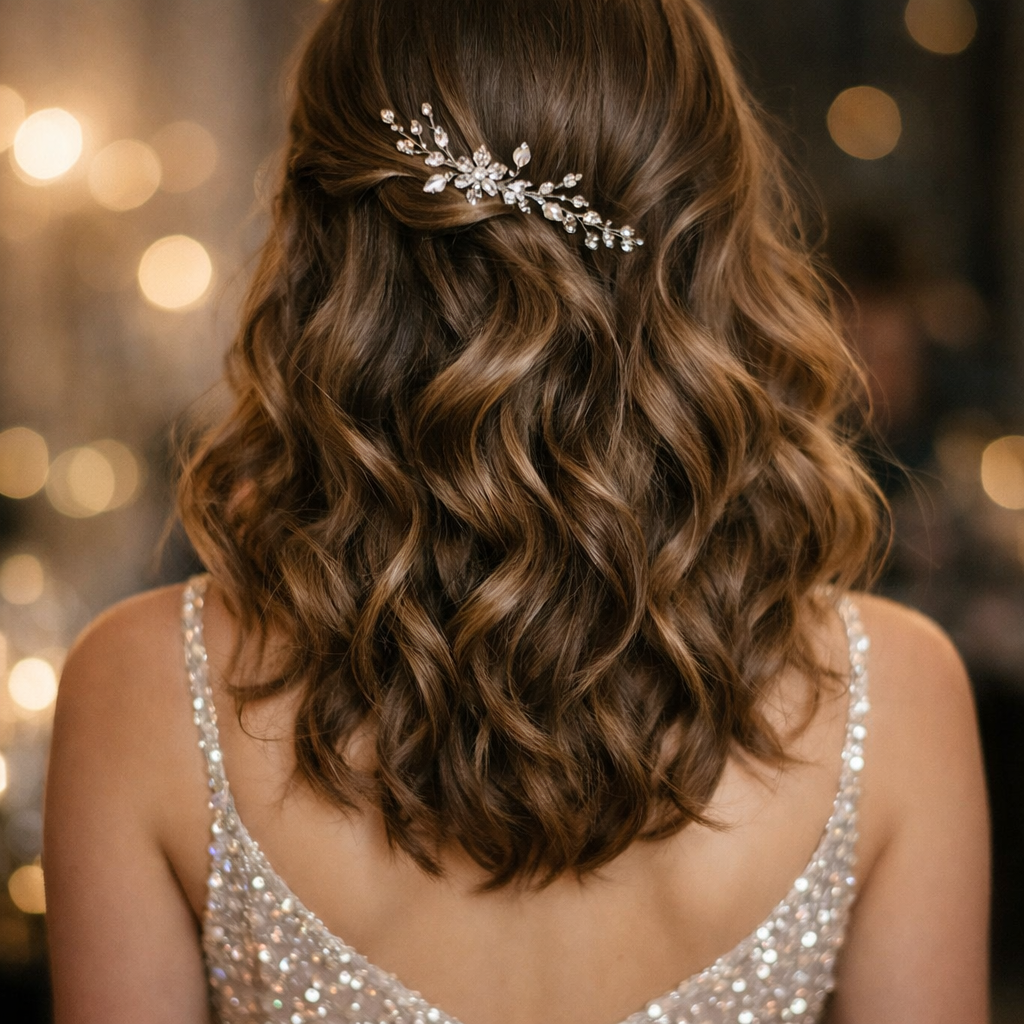 A back view of medium-length hair styled in loose waves, adorned with a sparkly hairpiece, perfect for a prom look.