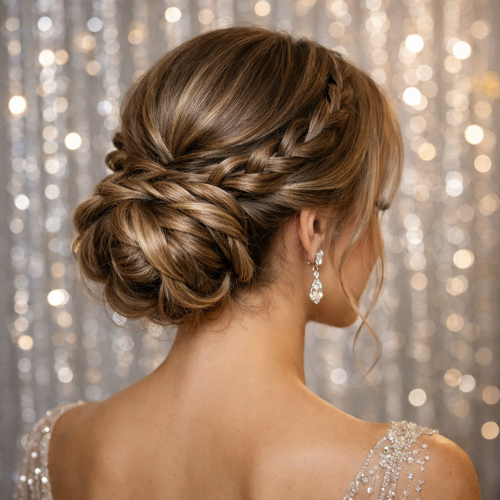 A sleek low bun hairstyle with braids, showcasing elegance and style on a woman with medium length hair.