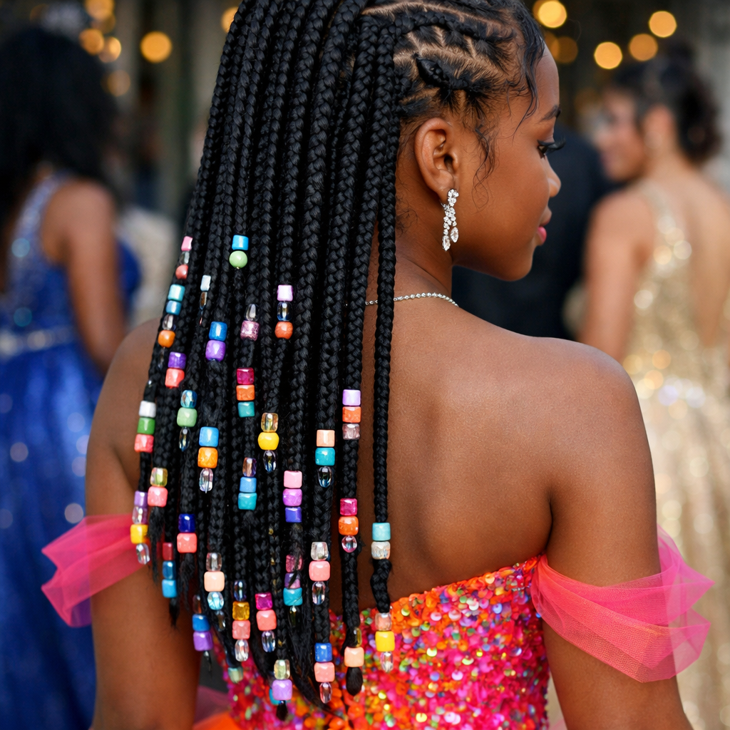 A young woman with box braids adorned with colorful beads, wearing a sparkling dress for prom.