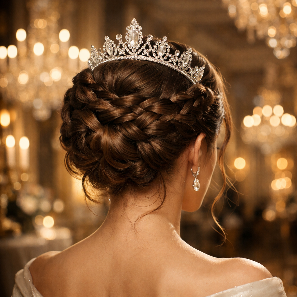 A woman with a braided crown updo and a tiara, showcasing a regal hairstyle in a beautiful setting.