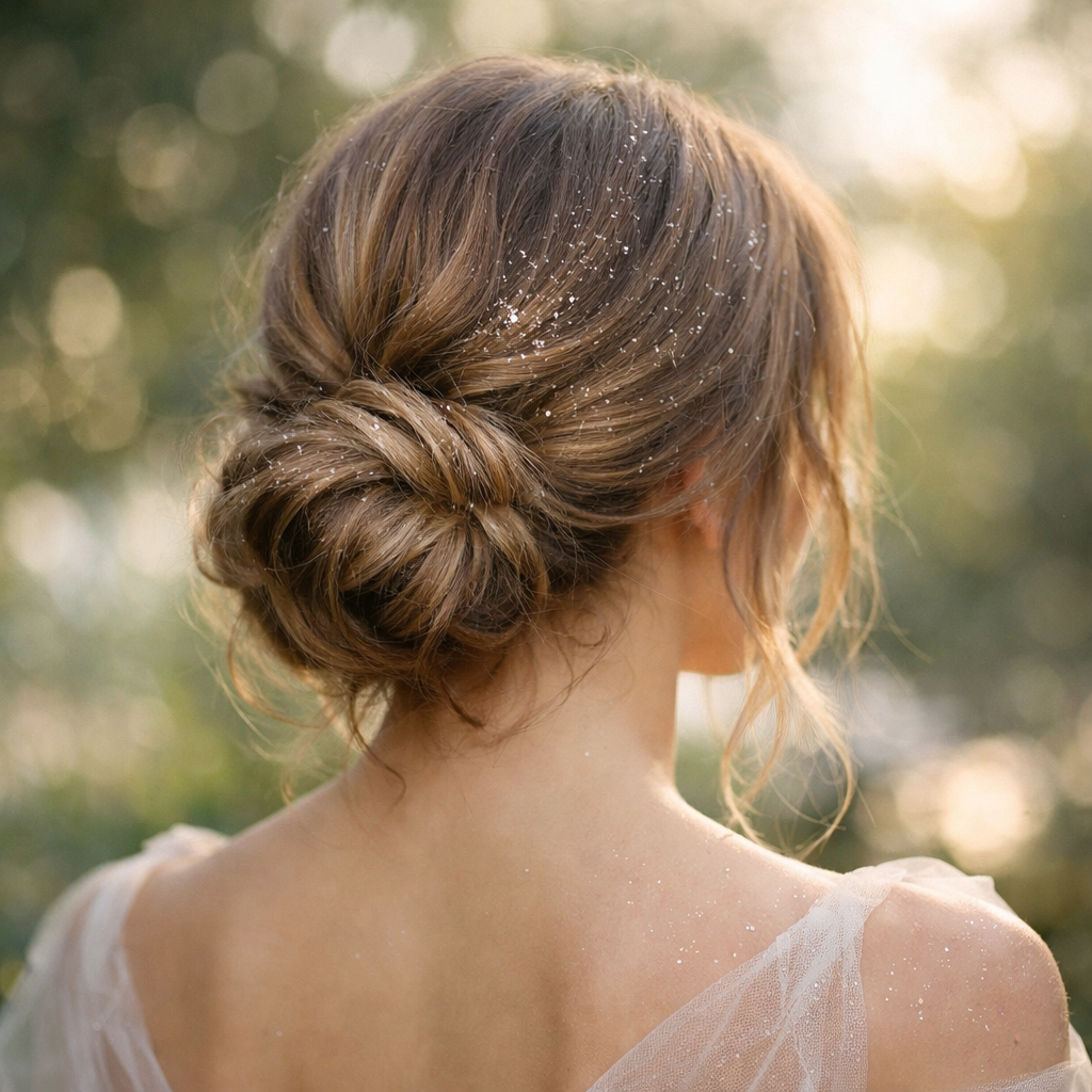A woman showcases a low bun hairstyle with soft waves and glitter.