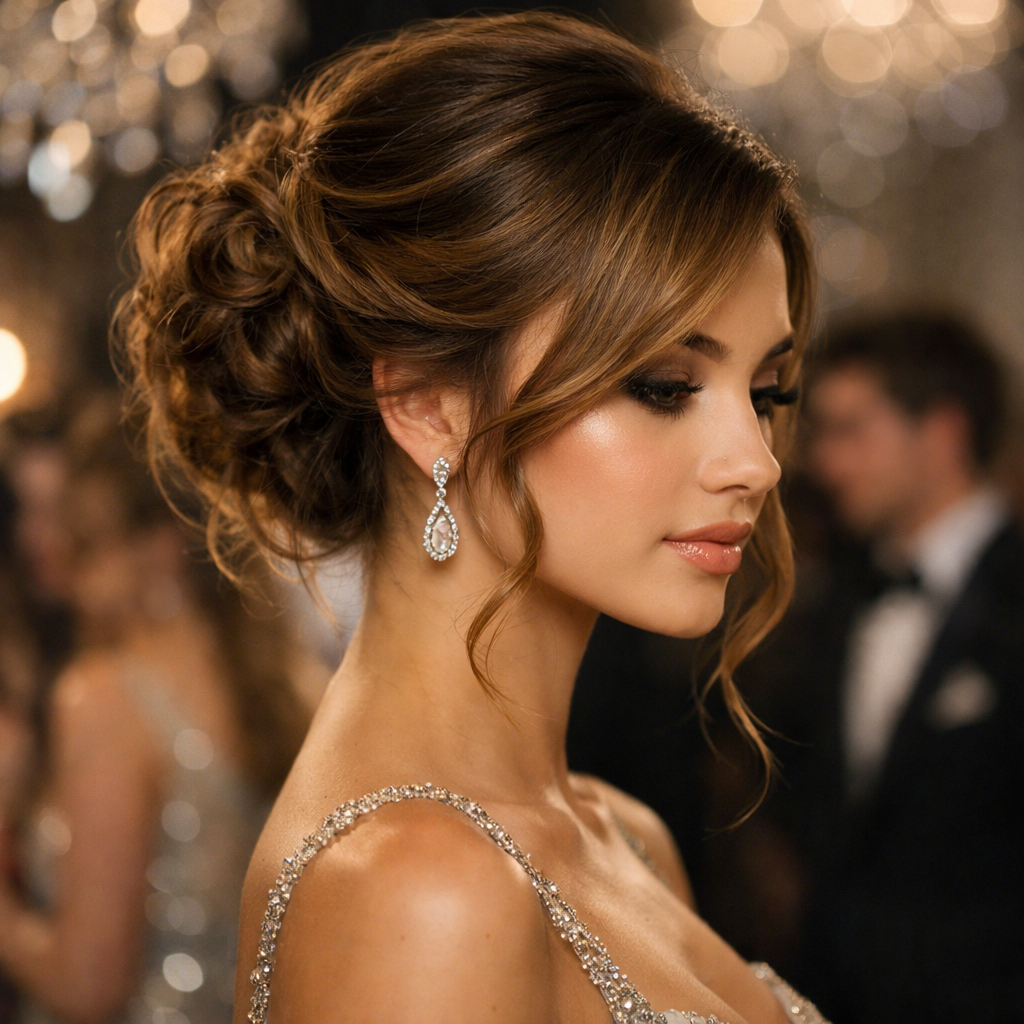 A close-up of a girl with a side-swept updo hairstyle and loose strands, wearing elegant earrings.