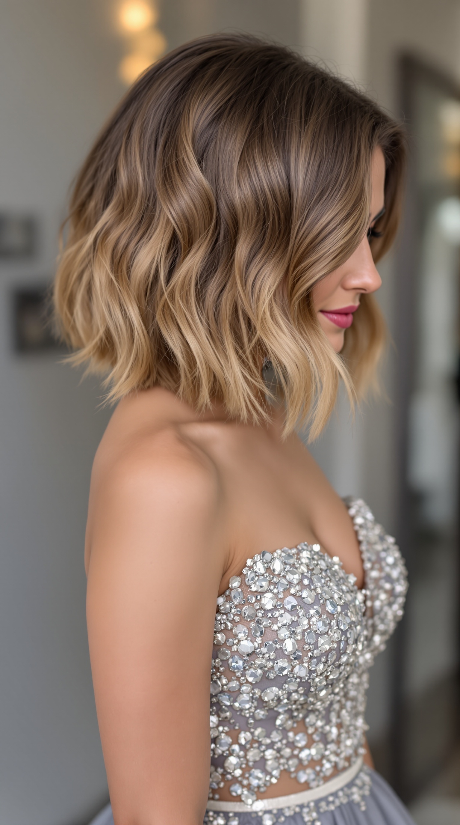 A stylish bob haircut with soft waves, paired with a dress featuring sparkling embellishments.