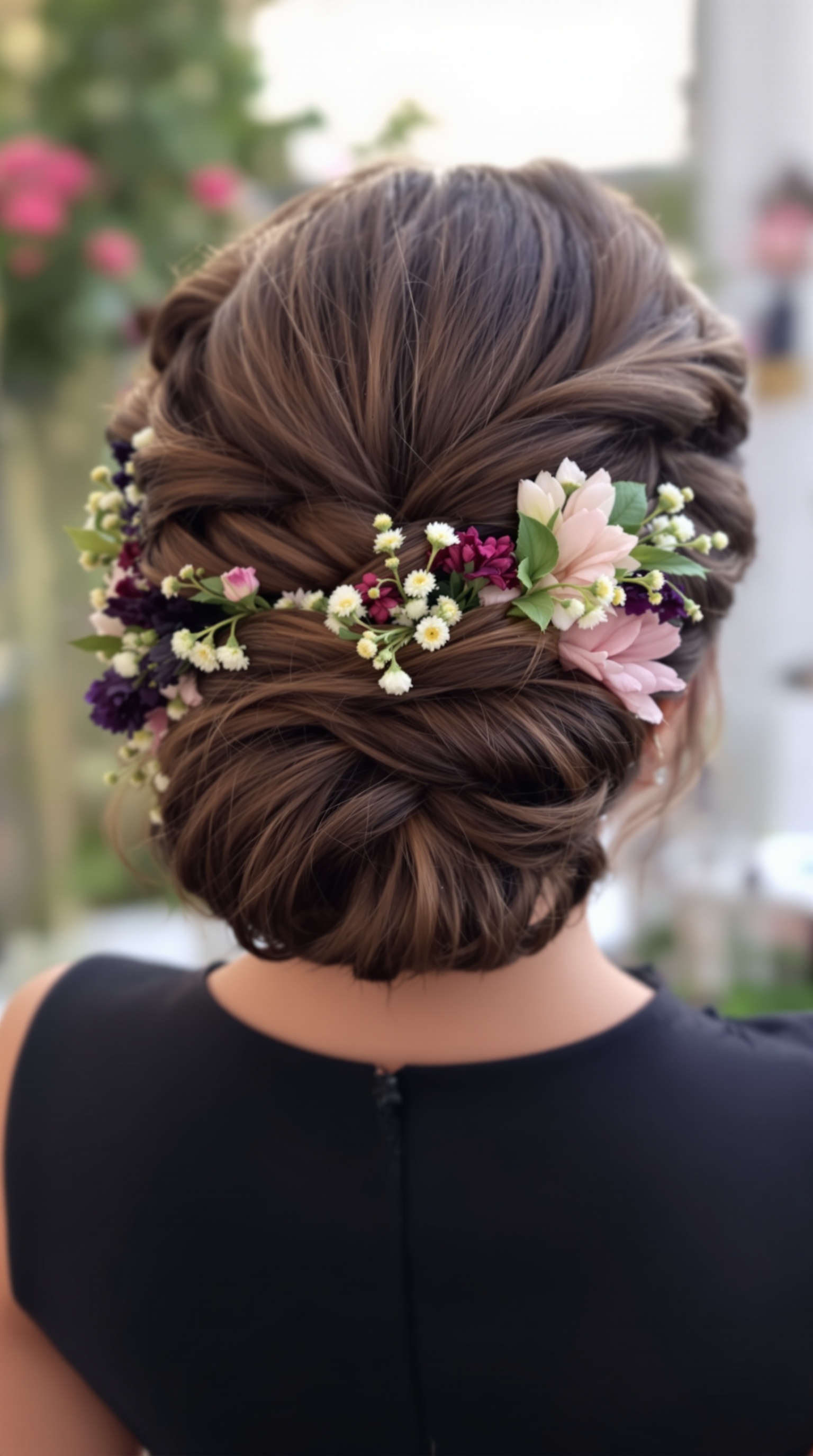 Elegant braided updo hairstyle decorated with flowers