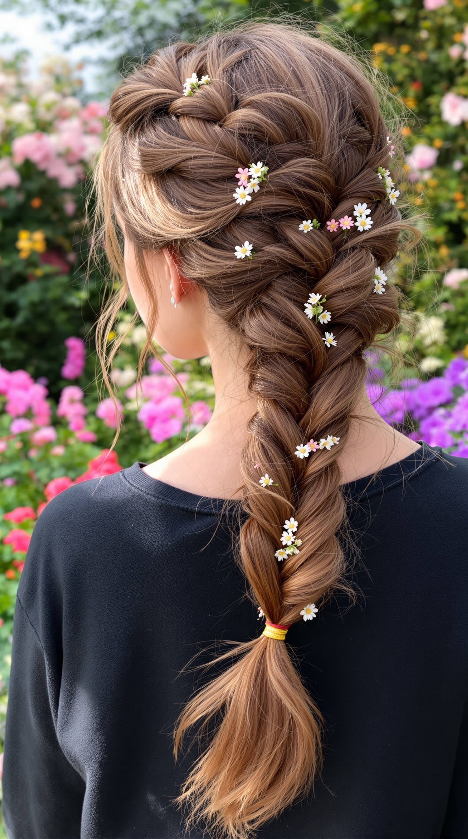 A close-up view of a floral accent fishtail braid hairstyle, featuring small flowers woven into the braid, set against a backdrop of vibrant flowers.