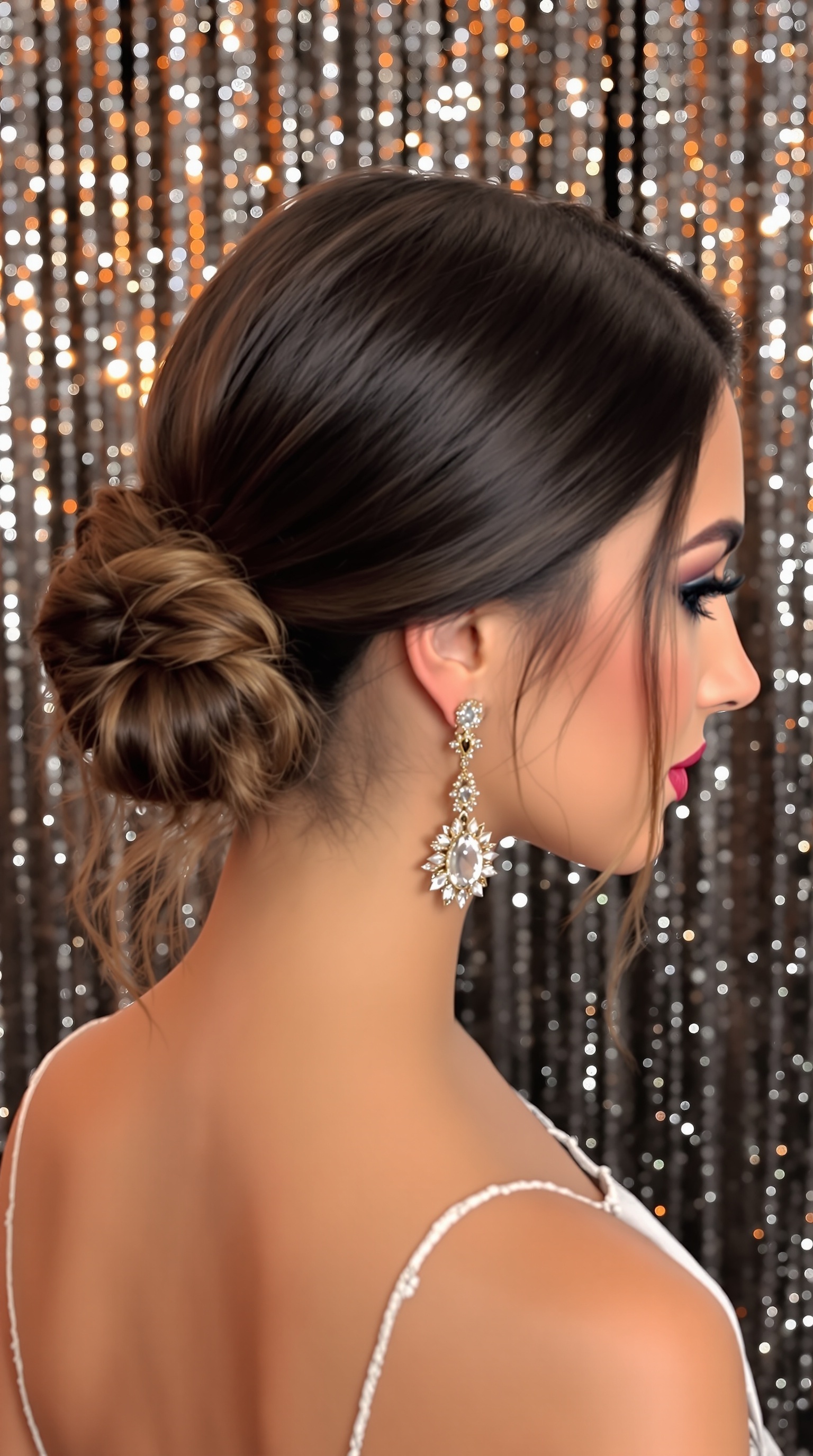 A sleek low bun hairstyle paired with statement earrings, showcasing elegance and sophistication.