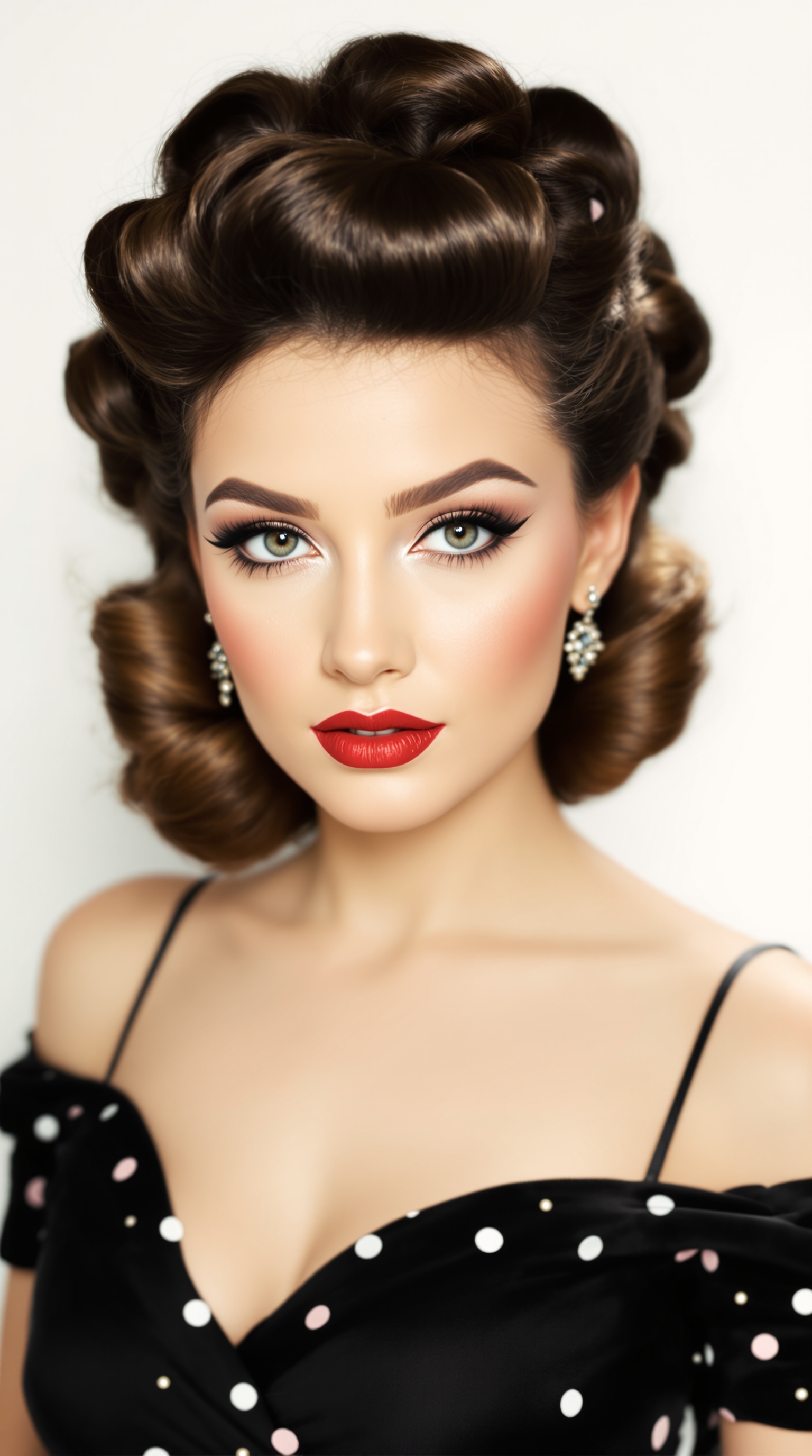 A woman with vintage glamour pin curls and bold red lips, wearing a polka dot dress.