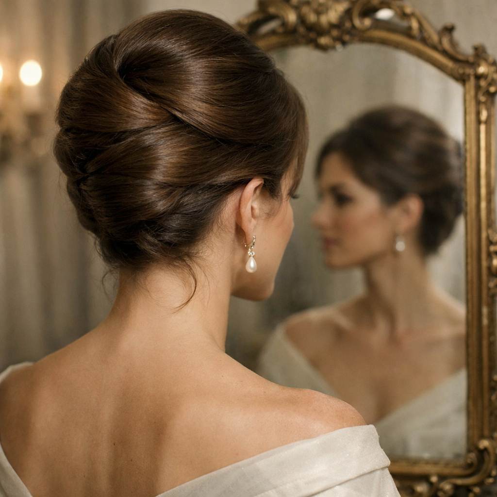 A woman with a Classic French Twist hairstyle in front of a mirror, showcasing elegance and sophistication.