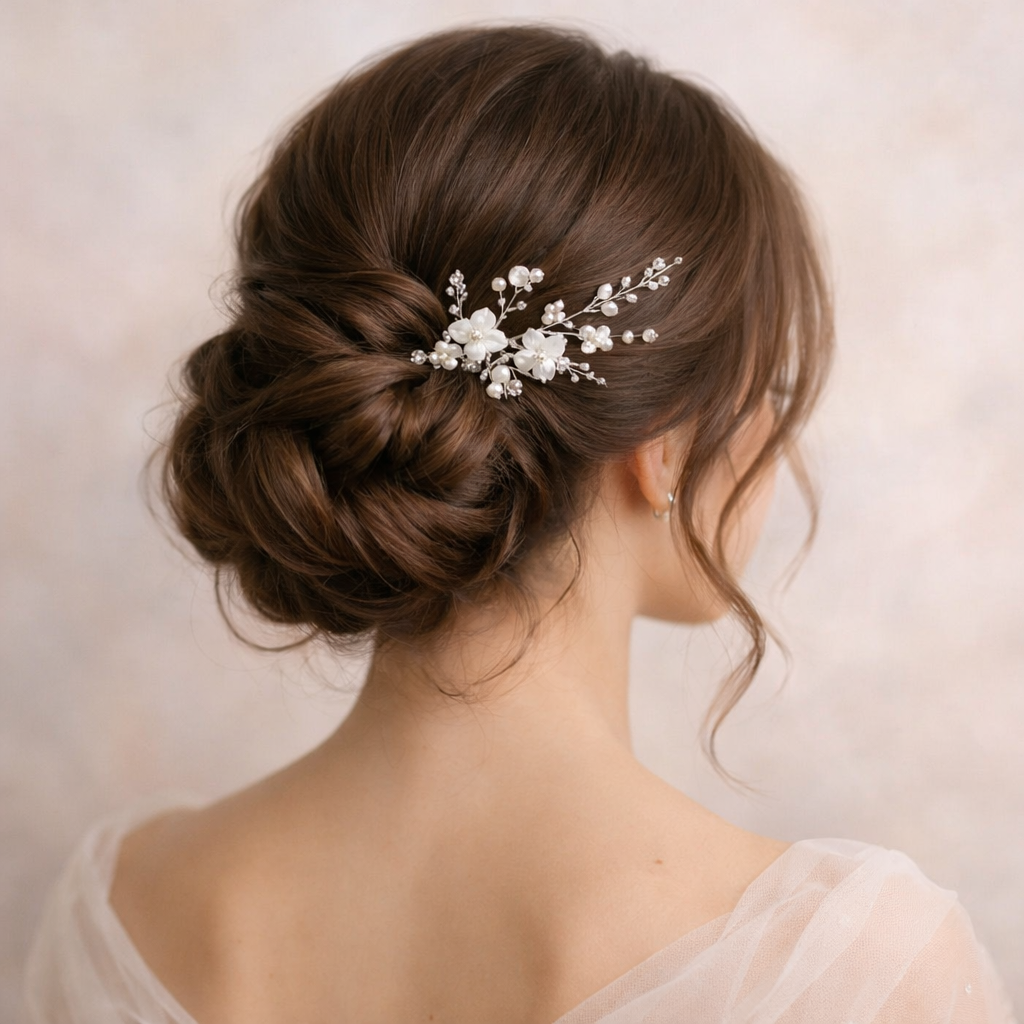 A close-up of a woman's elegant low chignon hairstyle adorned with floral hairpins.