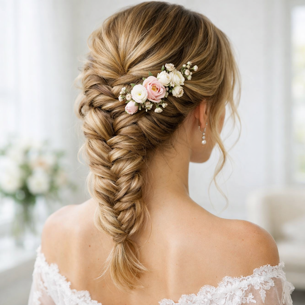 A beautiful fishtail braid updo adorned with flowers, showcasing a stylish hairstyle.