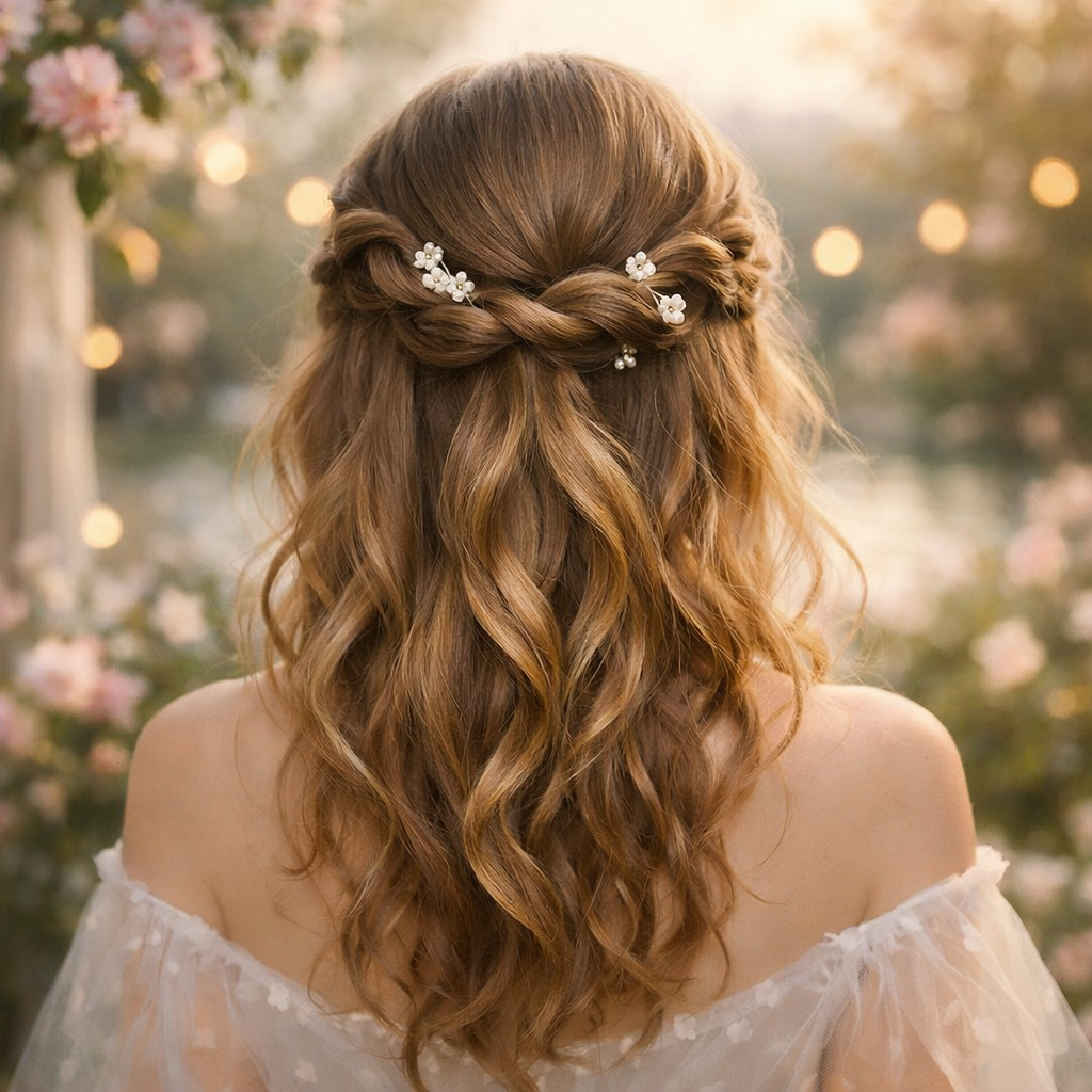 A romantic half-up twisted crown hairstyle with wavy hair and decorative hairpins.
