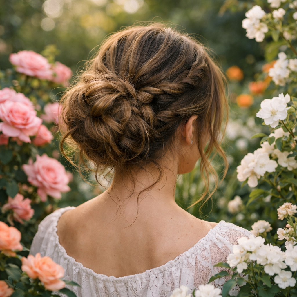 A beautiful messy bun hairstyle with braids set against a backdrop of blooming flowers