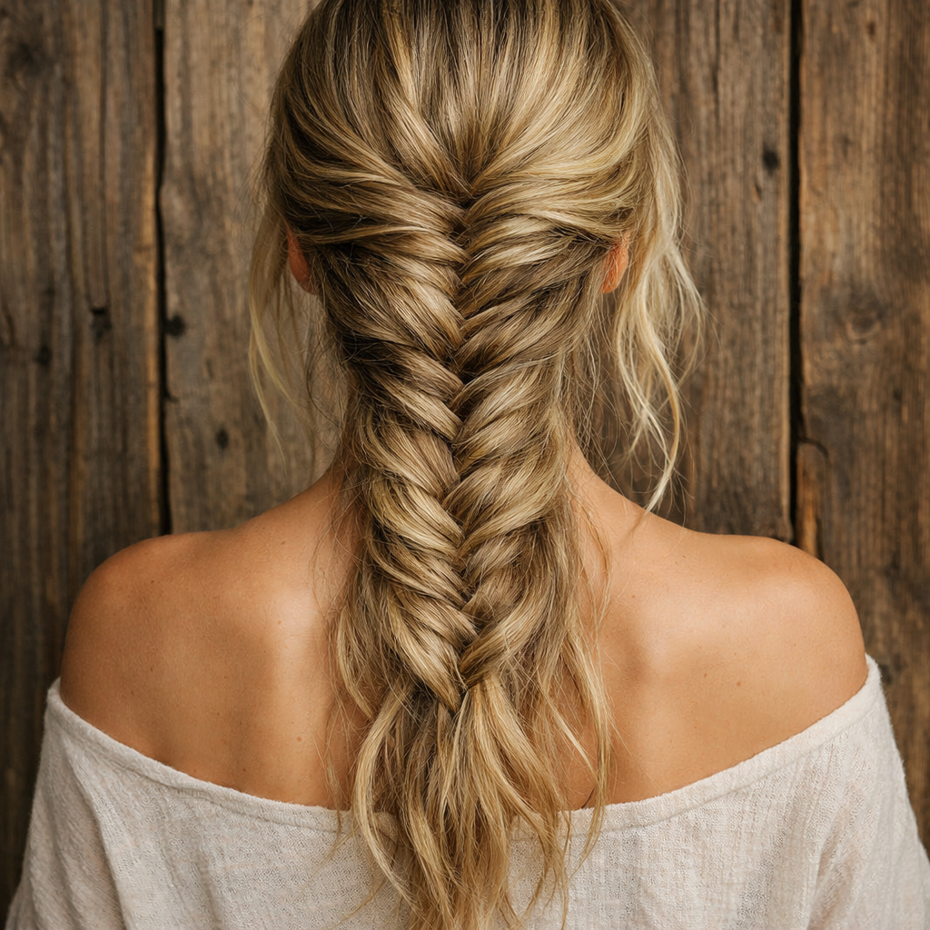 A chic fishtail braid hairstyle with loose ends.