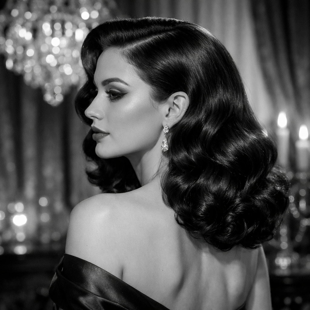 Woman with classic Hollywood glam waves hairstyle, wearing elegant earrings and a strapless dress