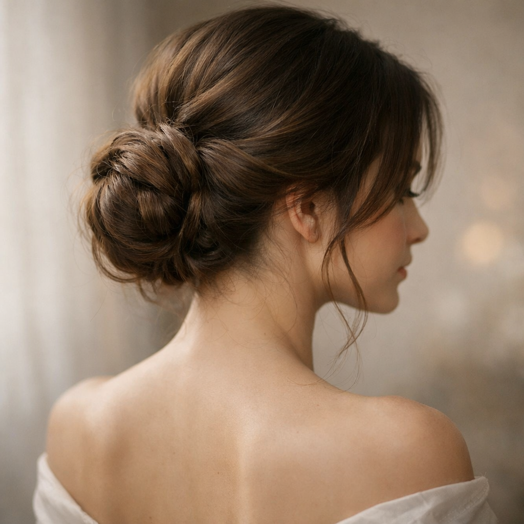 An elegant low bun hairstyle with loose strands, viewed from the side.
