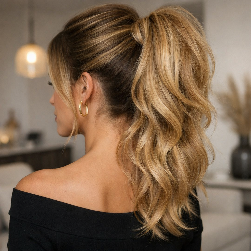 A stylish textured ponytail with volume, perfect for prom.