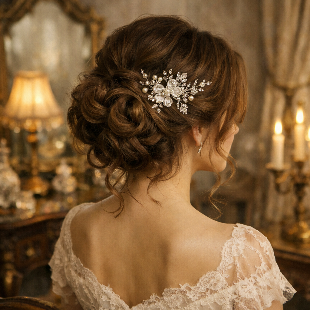 A vintage-inspired loose updo hairstyle with elegant hair accessory.