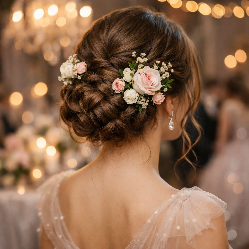 A woman showing a braided updo hairstyle adorned with floral accents, perfect for prom.