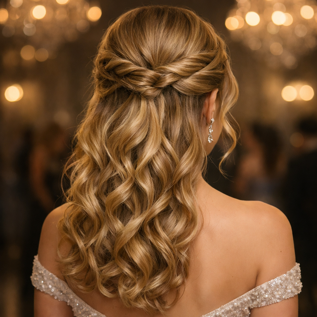 Beautiful half-up twist hairstyle with soft curls perfect for prom.