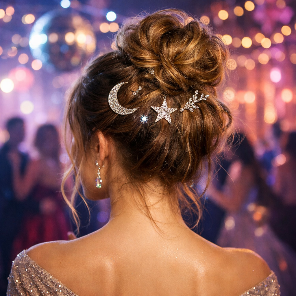 A woman with a messy bun decorated with sparkly pins, standing in a festive prom setting.
