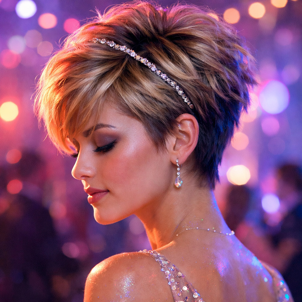 A side profile of a woman with a textured pixie cut, adorned with a sparkly headband and elegant earrings.