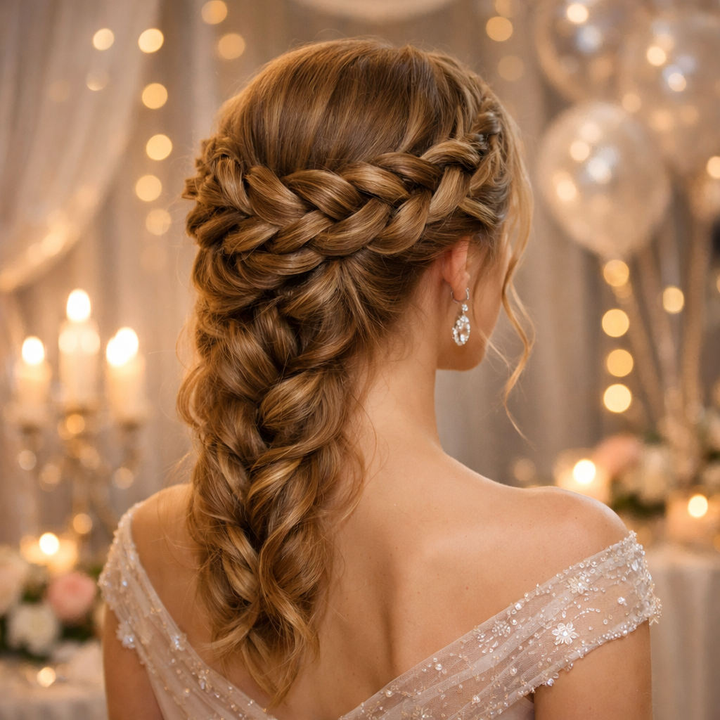 A close-up view of a twisted crown braid hairstyle, showcasing intricate braids and elegant accessories.