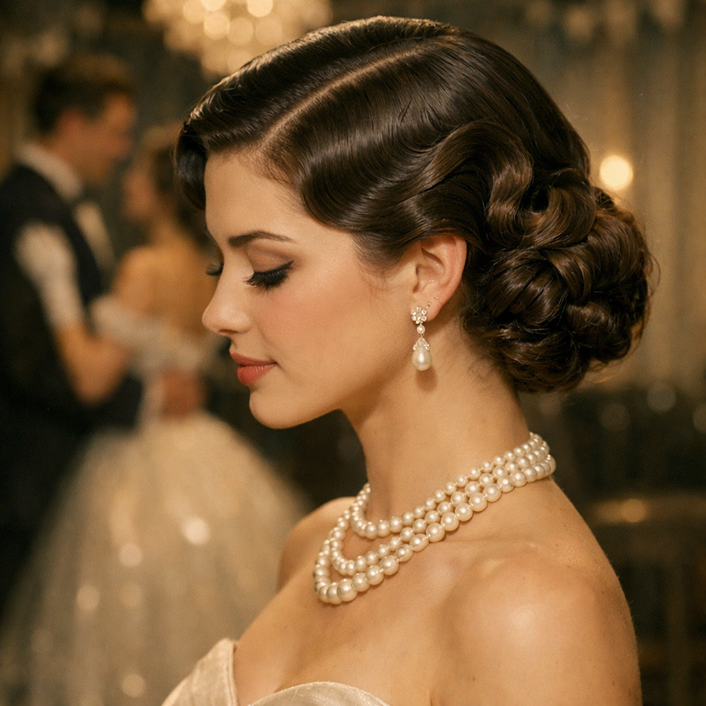A woman with vintage finger wave hairstyle, wearing pearl jewelry, looking elegant