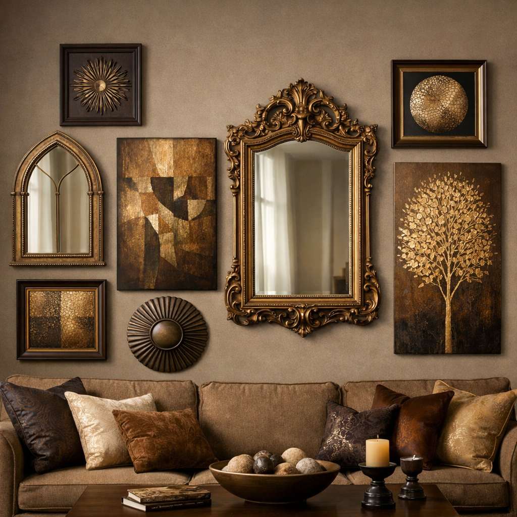 A cozy living room featuring brown and gold wall decor, including an ornate mirror and various artworks.