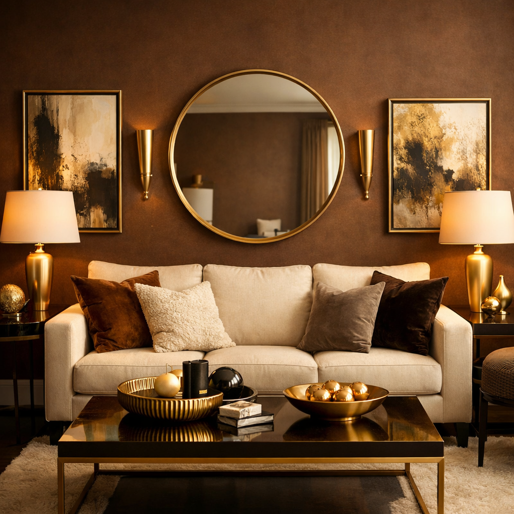A living room featuring a beige couch, gold accents, and brown walls creating an elegant atmosphere.