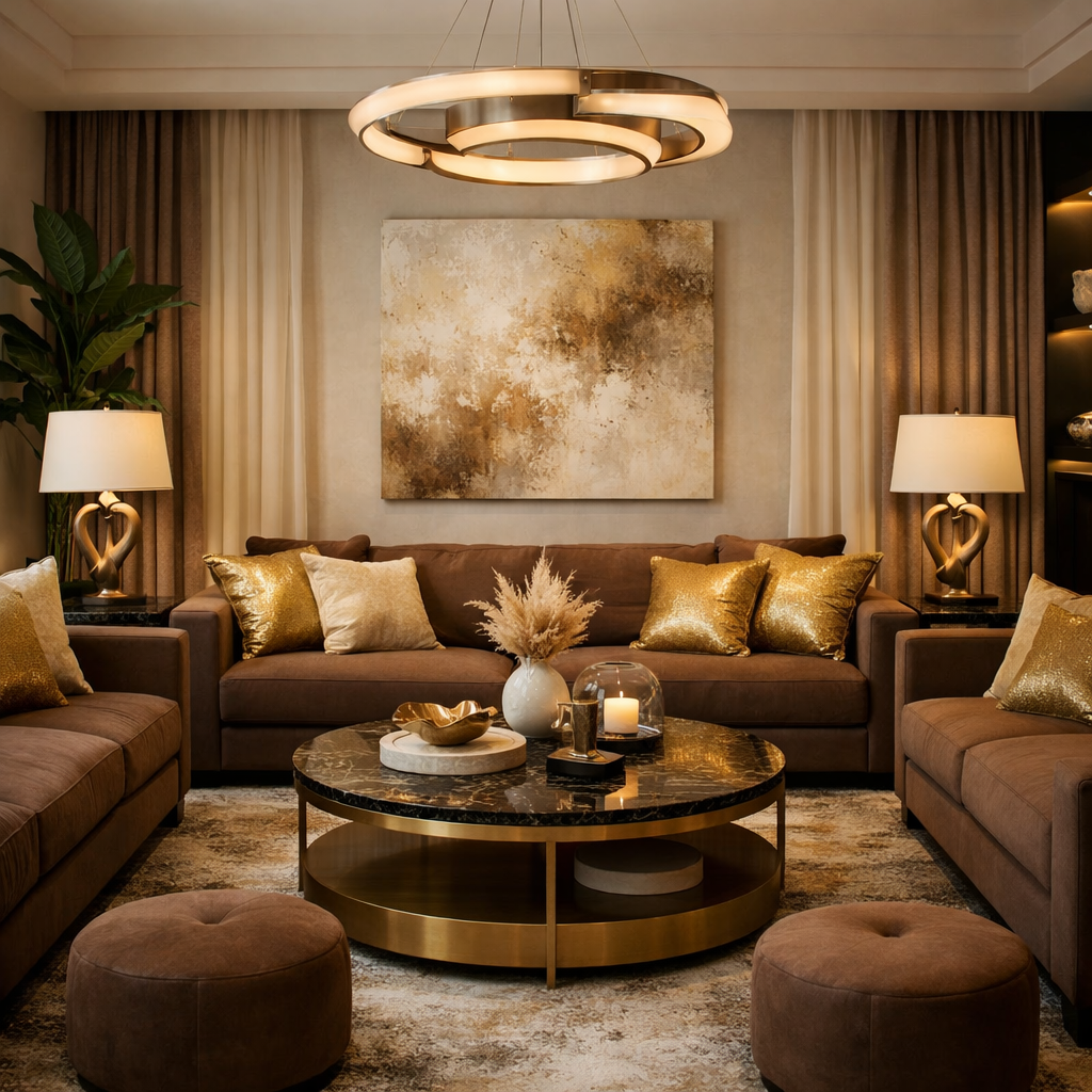 A stylish living room featuring brown sofas with gold accent pillows, a circular coffee table, and modern lighting.