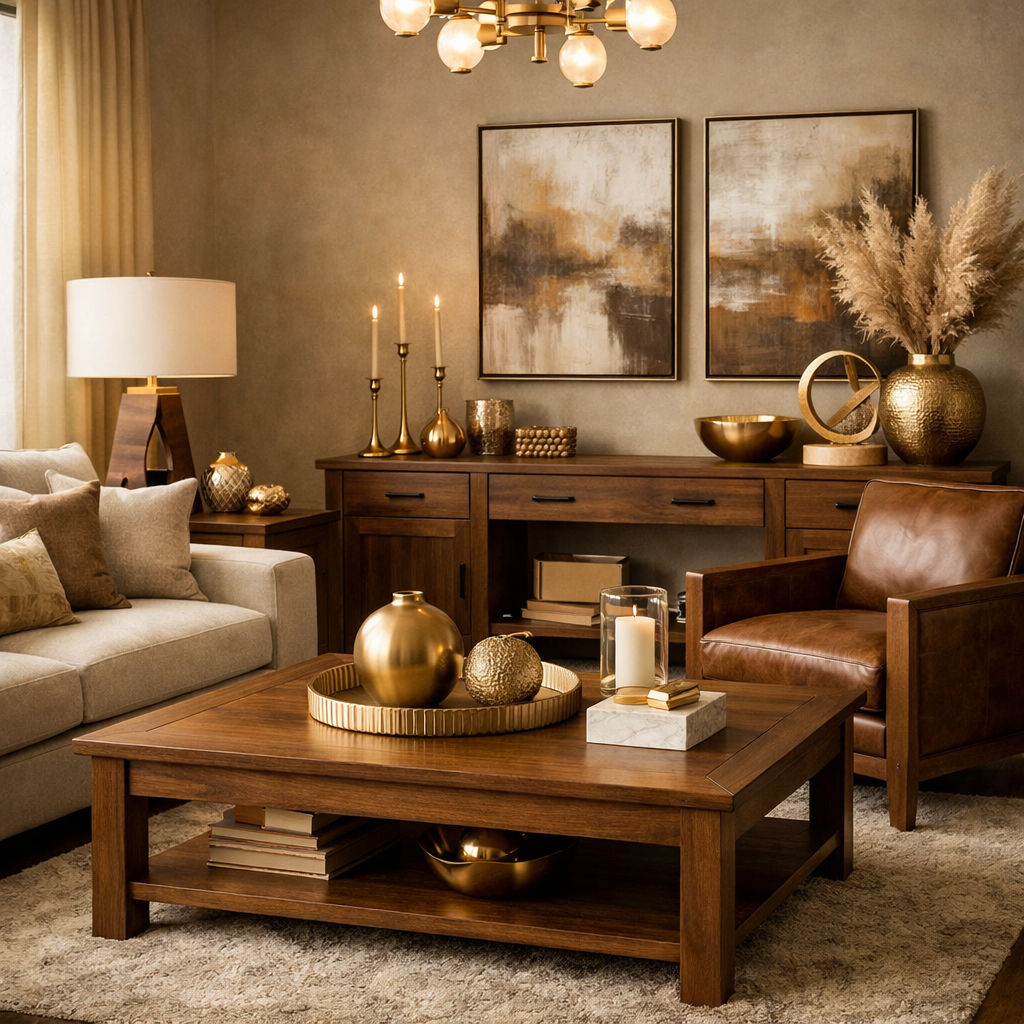 A cozy living room featuring brown wooden furniture, gold accents, and decorative elements.