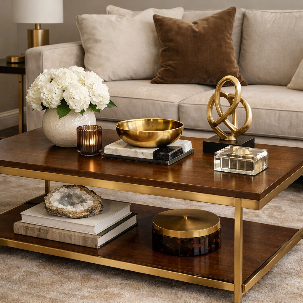 A stylish coffee table adorned with a flower arrangement, a golden bowl, and decorative items, set in a brown and gold themed living room.