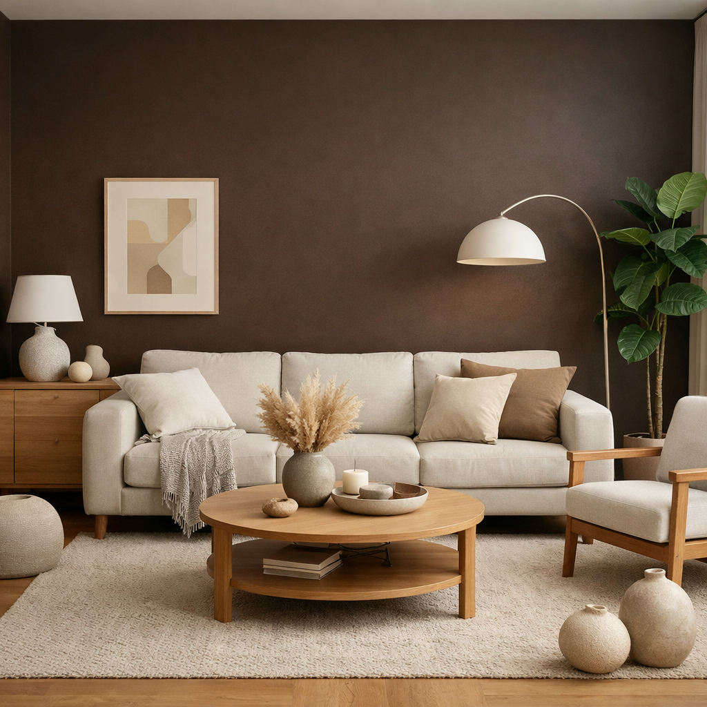 A cozy living room with a dark brown accent wall, featuring light furniture and natural elements.