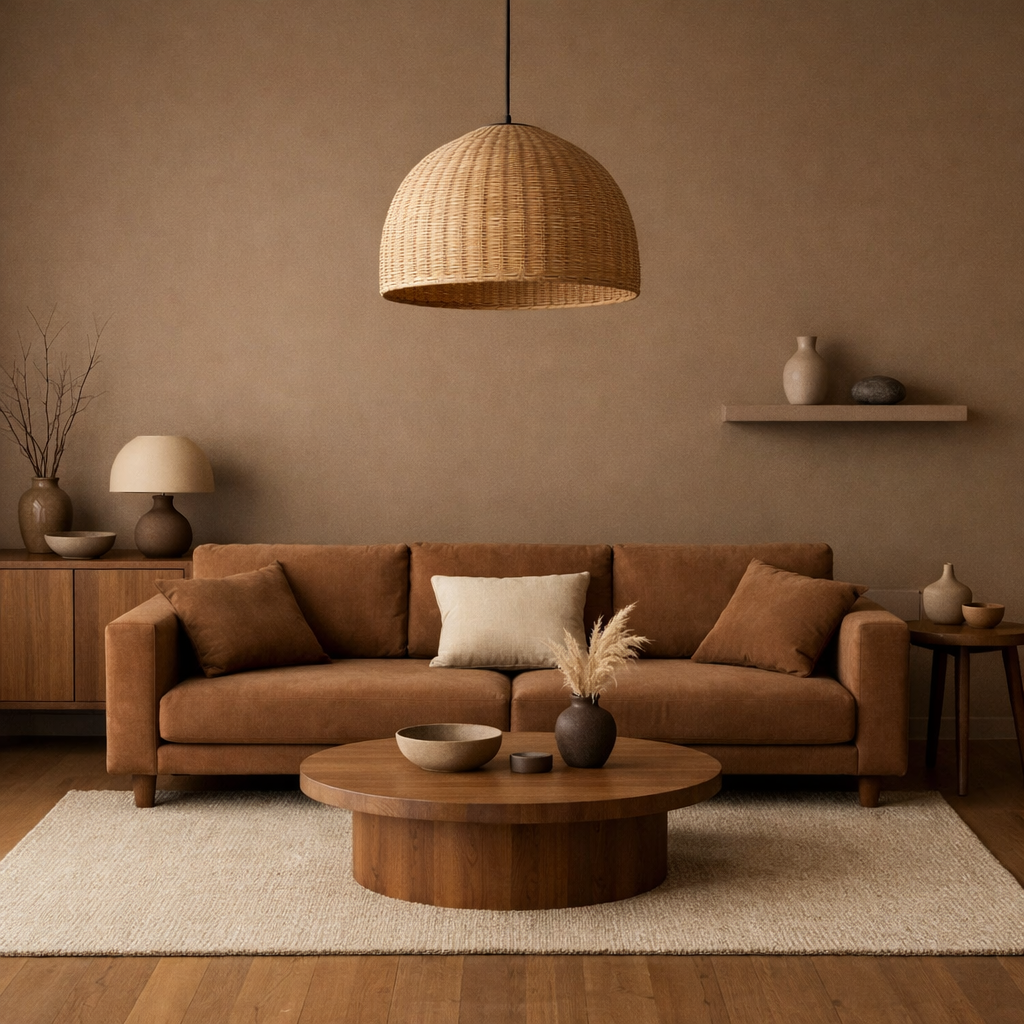 Minimalist living room with brown tones, featuring a sofa, coffee table, and natural decor