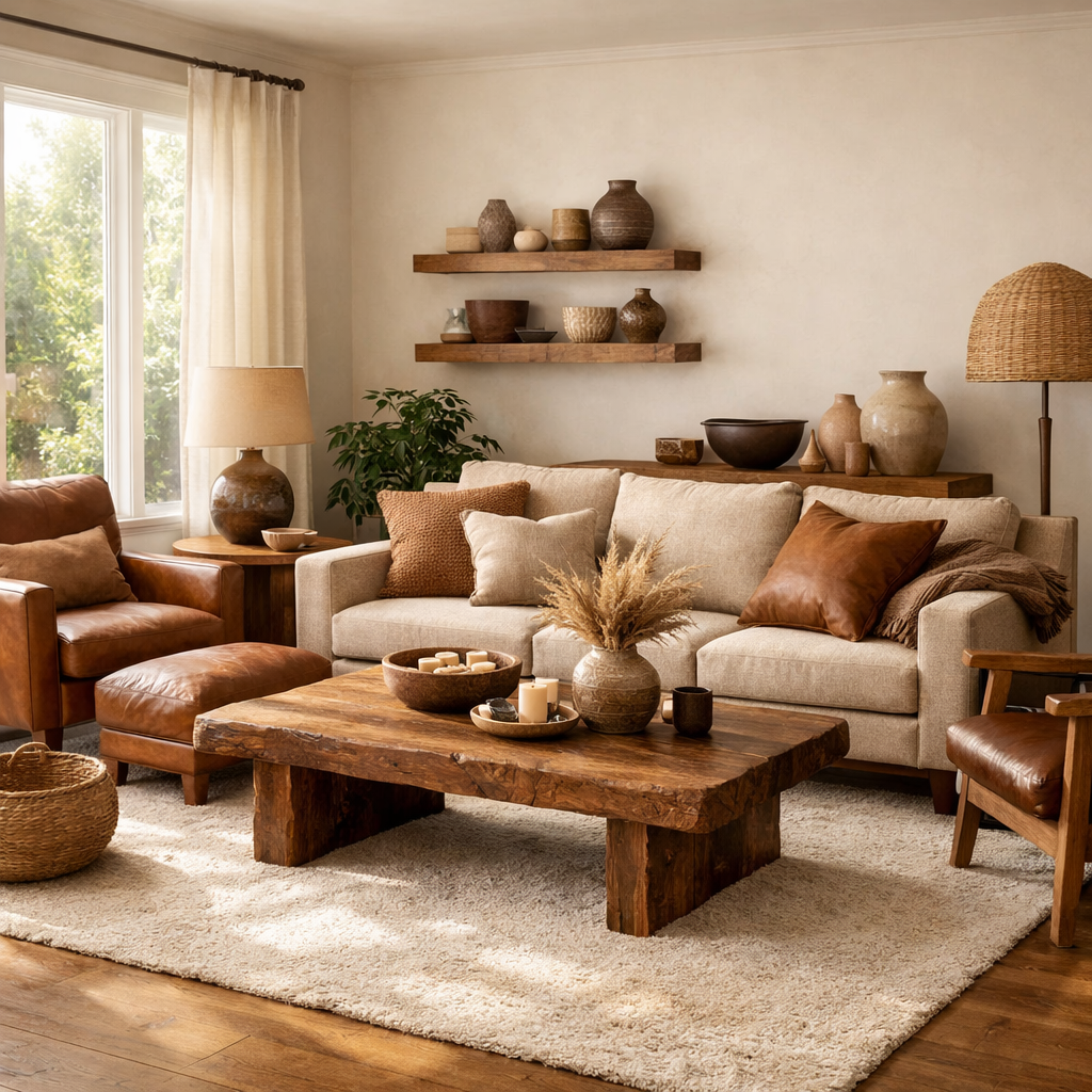 Cozy brown themed living room with natural light and earthy decor