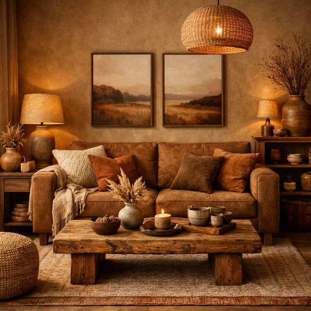 Cozy living room featuring a brown sofa, wooden coffee table, warm lighting, and earth-toned decor