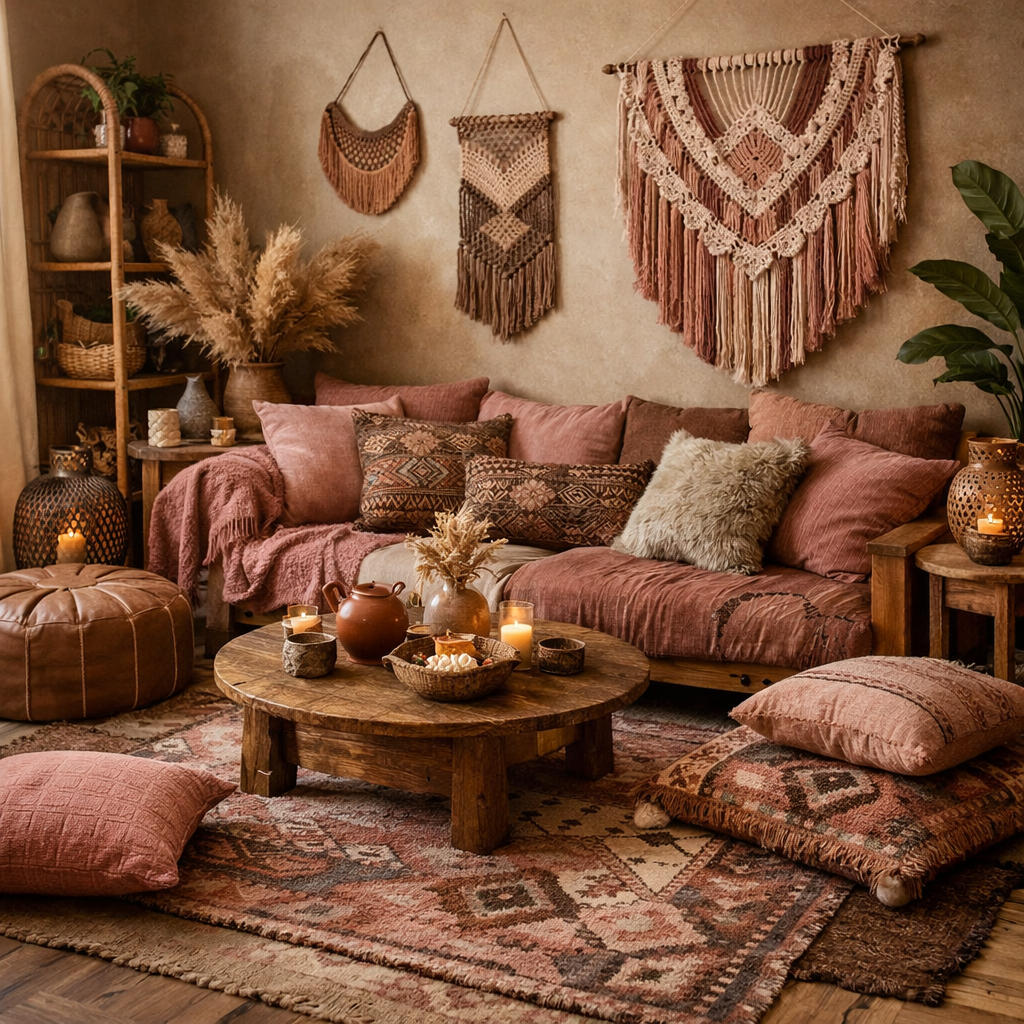 A cozy bohemian living room with brown and pink mixed textures featuring pillows, plants, and decor.