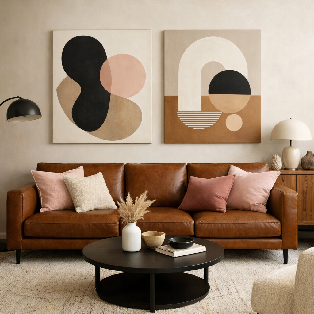 A stylish living room featuring a brown leather sofa with blush pillows, modern abstract art on the walls, and a round black coffee table.