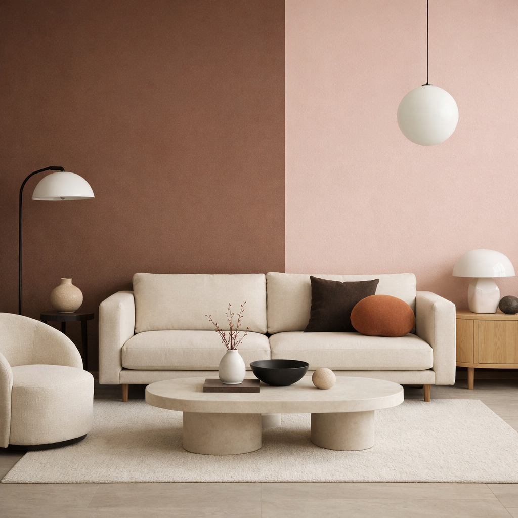 Modern living room featuring brown and pink color block walls with contemporary furniture.